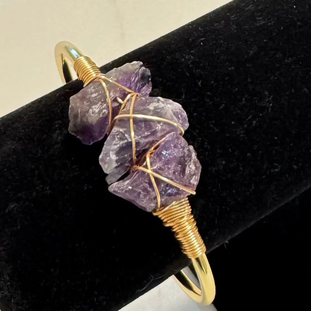 Amethyst All Natural Semi-Precious Gemstones Cuff Bracelet 18kt Gold Overlay - Picture 4 of 5